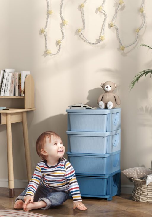 30" 4 Tier Kids Storage Unit Dresser Tower w/ 4 Drawers, Blue