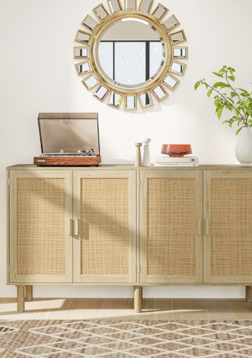 Bohemian Sideboard, 62.2" Buffet Cabinet with 4 Rattan Doors and Shelves for Living Room, Hallway, Natural