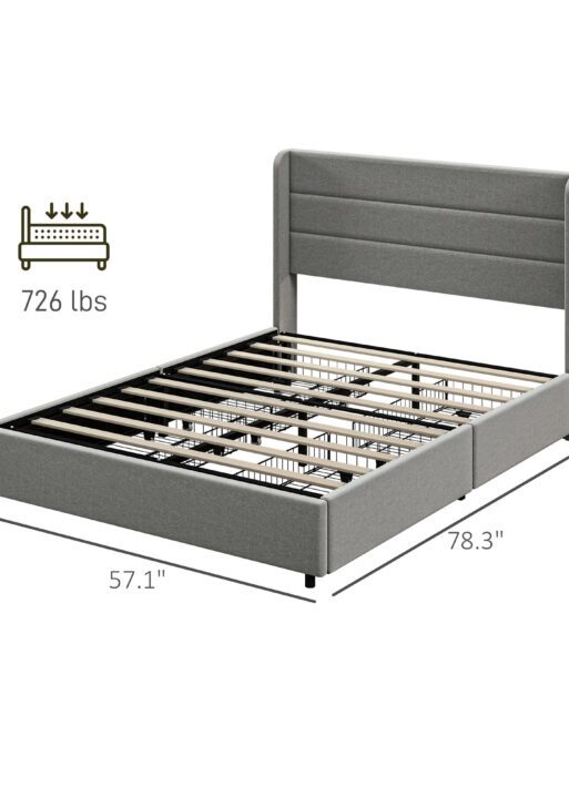 Full Bed Frame with Storage Drawers, Full Size Bed Base with Headboard, Wood Slats, Noise-Free, Light Gray