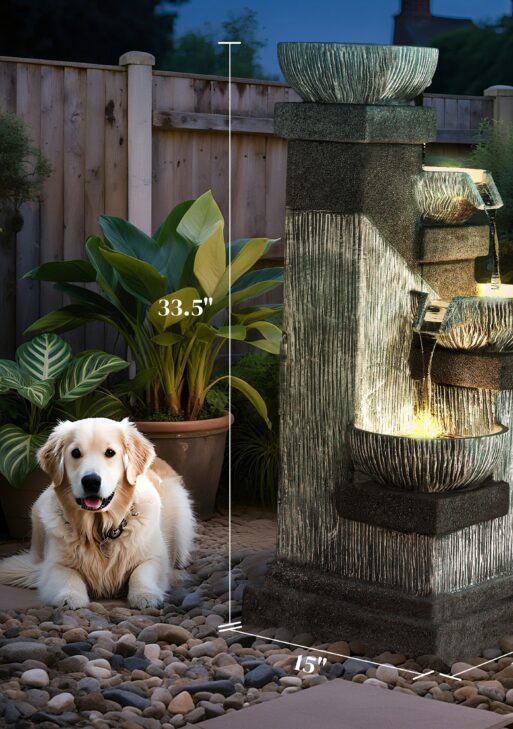 33.5" Water Fountain, 4-Tier Resin Cascading Bowls Outdoor Waterfall Fountain with LED Lights, Pump