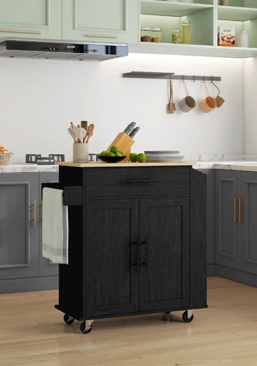 Rolling Island with Wheels for Kitchen, Kitchen Island on Rollers with Power Outlets, Drawer, and Doors, Black