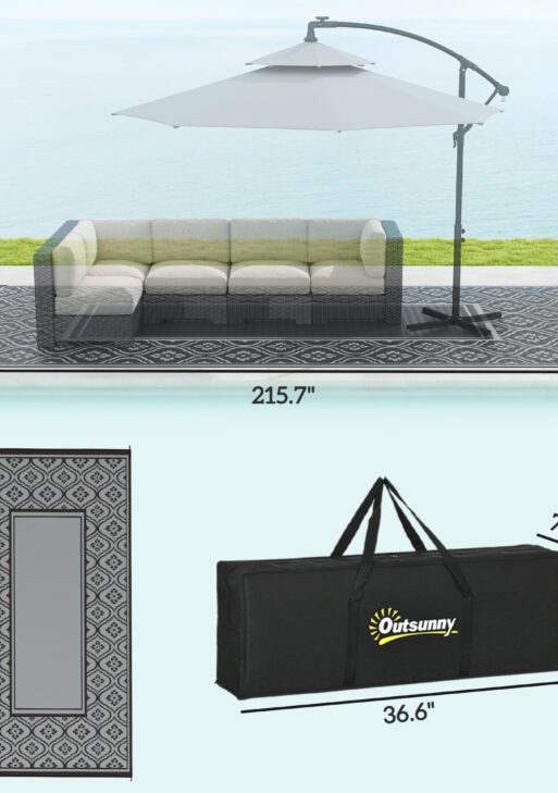 Reversible Outdoor Rug, Waterproof Plastic Straw with Carry Bag, 9' x 18', Black & Gray Gourd Border
