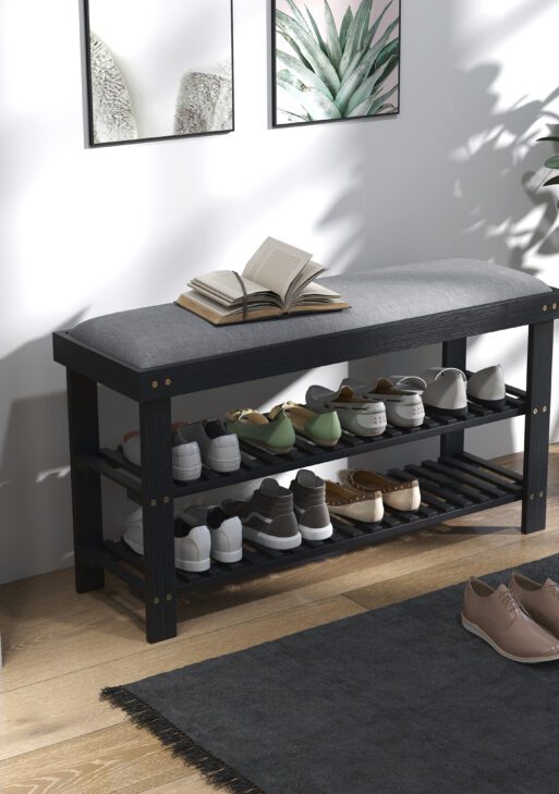 Bamboo Shoe Storage Bench, 3-Tier Entryway Bench with Cushion, Shoe Organizer for Entryway, Hallway, Black