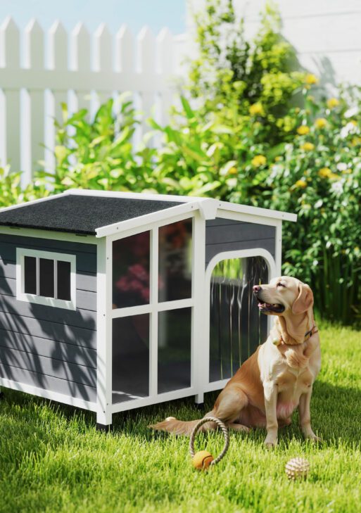 Cabin-Style Wooden Dog House for Large Dogs with Openable Roof & Giant Window, Dark Gray