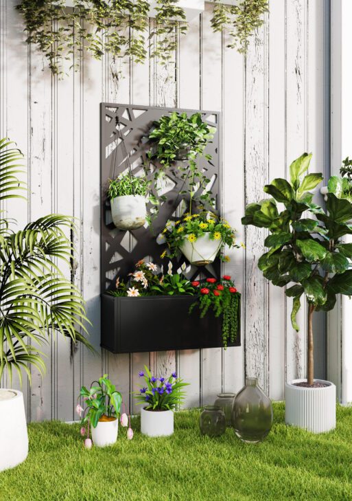 Metal Planter Box Raised Garden Bed with Decorative Privacy Screen, Wall-mounted or Freestanding, 24" x 9.1" x 44.5"