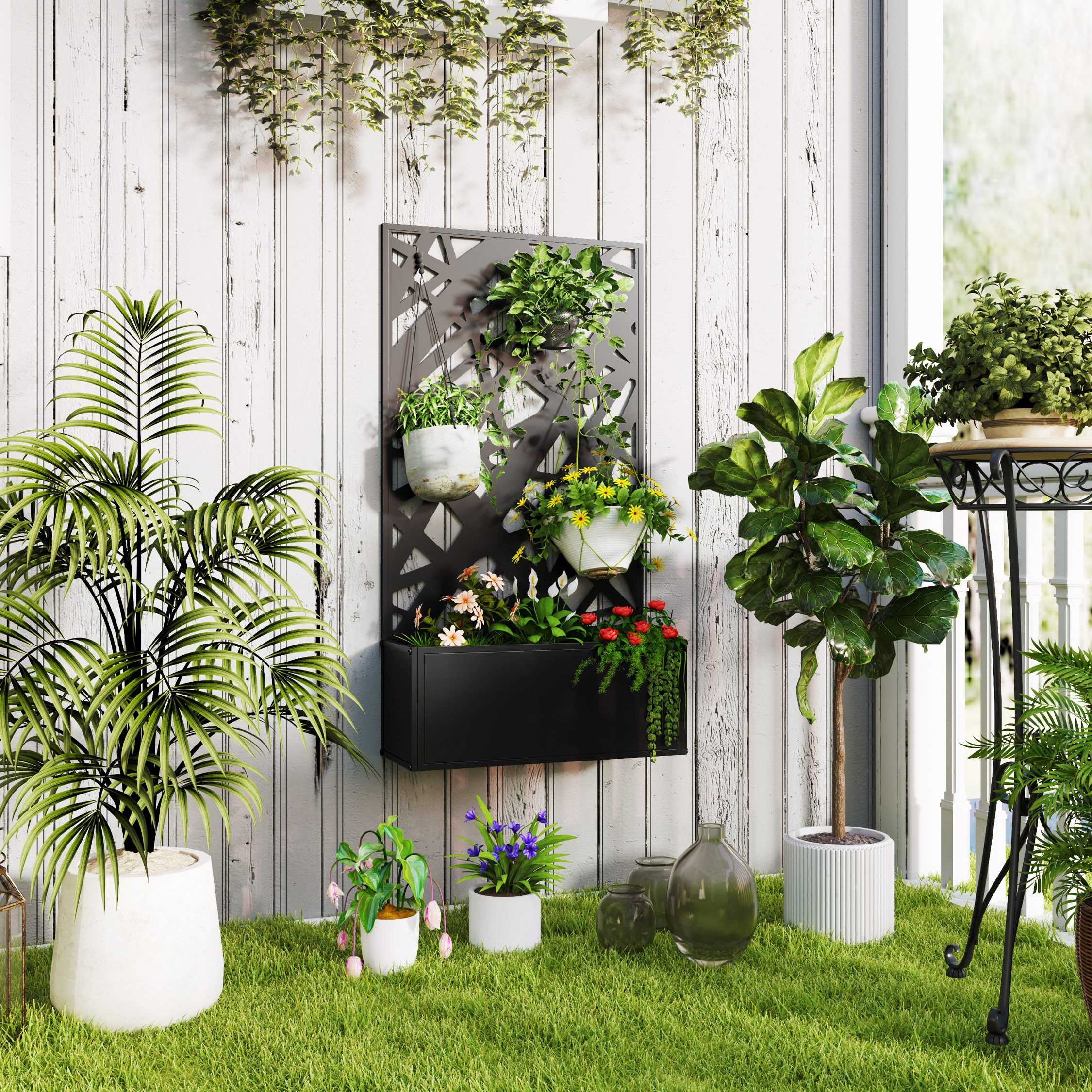 Metal Planter Box Raised Garden Bed with Decorative Privacy Screen, Wall-mounted or Freestanding, 24" x 9.1" x 44.5"