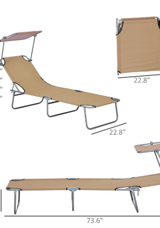 Outdoor Pool Chaise Lounge Chair, Folding Tanning Chair with Sun Shade, Tan