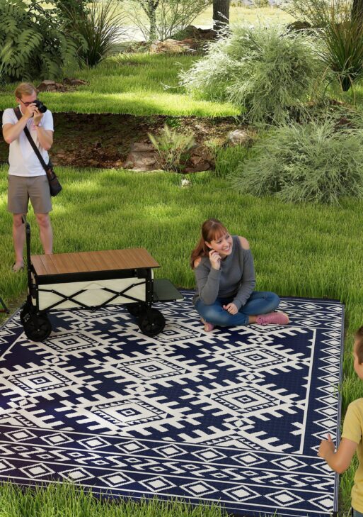 Reversible Outdoor Rug, Waterproof Plastic Straw with Carry Bag, 9' x 12', Blue & White Rhombus Border