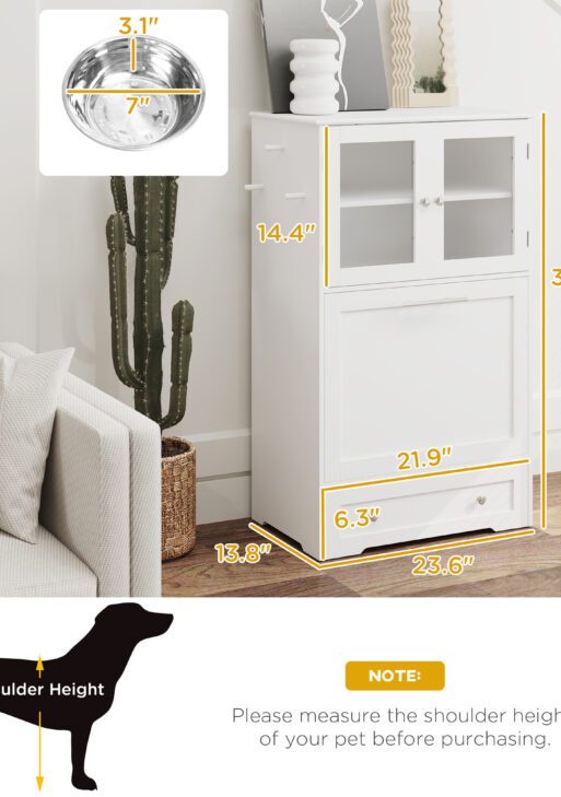 Dog Feeding Station with Two Storage Cabinets, 2 Elevated Dog Bowls, Side Hooks, Anti-tip Kit, for Feeding & Watering