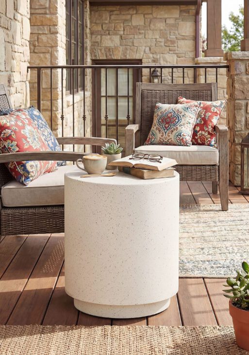 Lightweight Accent Table with Concrete Finish Round Side Table, Cream White