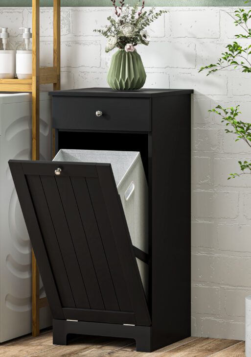 Laundry Hamper Cabinet, Laundry Cabinet with Tilt Out Laundry Basket and Drawer, Black