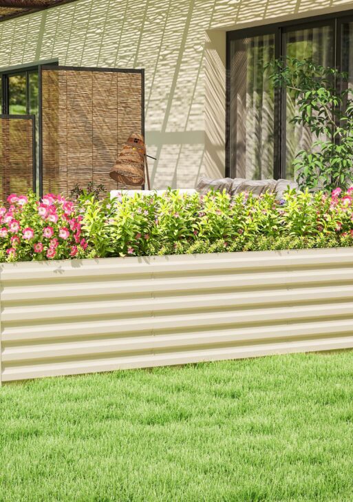 8x2x2ft Galvanized Raised Garden Bed Kit with Safety Edging for Flowers, Herbs and Vegetables, Cream White