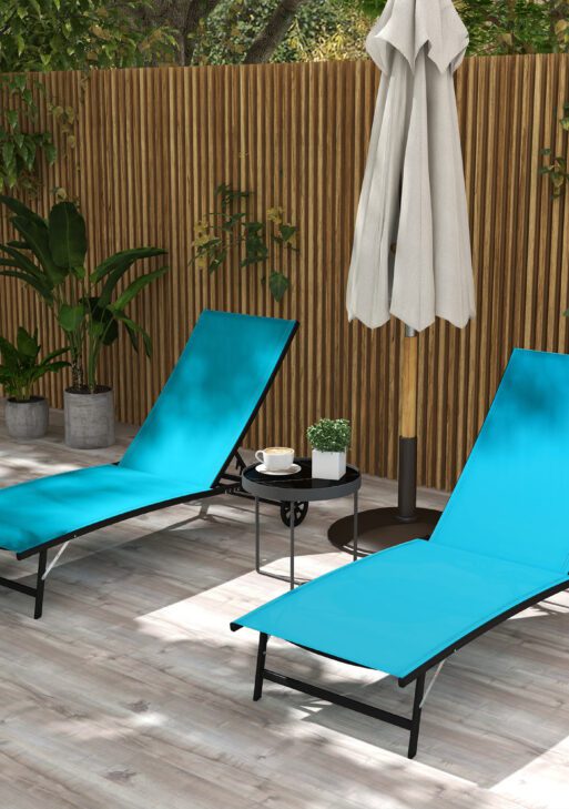 2 Piece Outdoor Chaise Lounge Chairs with Wheels, 5 Level Adjustable Backrest for Patio, Beach, Yard, Pool, Blue