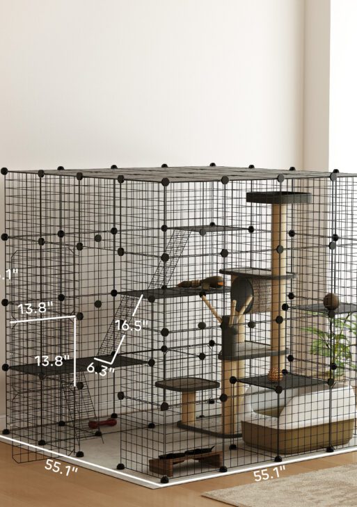 Detachable Metal Cat Cage with Platforms, Ramps, Accessories, for 1-3 Cats, 55", Black