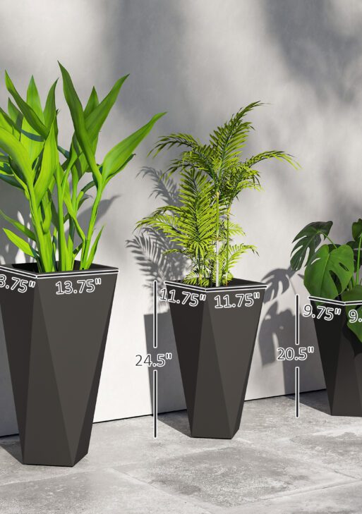 Indoor Outdoor Planters Set of 3 MgO Tall Planters Stackable Flower Pots with Drainage Holes for Garden, Balcony, Black