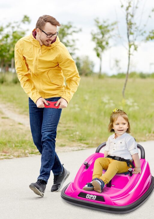12V Kids Bumper Car Twins Motor with Parent Remote Control, Safety Belt, Lights, 360° Rotation, Pink