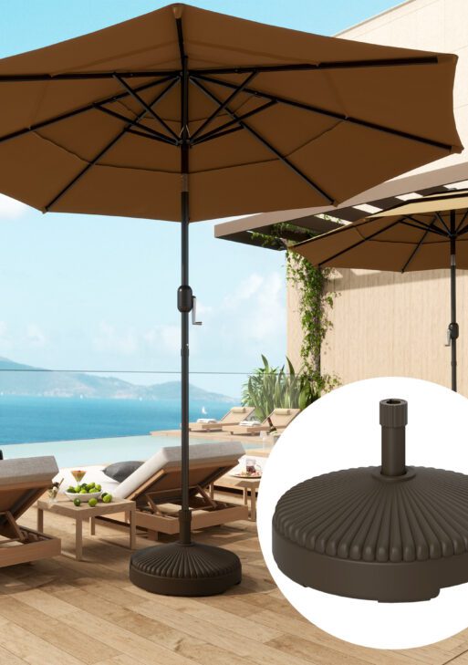 Round Patio Umbrella Base Holder, Heavy Duty Outdoor Umbrella Stand Base, Filled Up to 62lbs with Stand or 51lbs with Water for Garden, Poolside, Brown