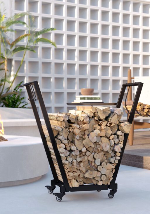 Firewood Rack with Wheels, Metal Log Holder with Kindling and Tool Hooks, Indoor/Outdoor, 31.1" x 11.8" x 31.9", Black