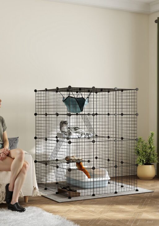 DIY 4 Tier Cat Cage Indoor with Hammock, Ramps, Jumping Platforms, Doors, Cat Enclosure for 1-3 Cats, 3 x 3 x 4, Black