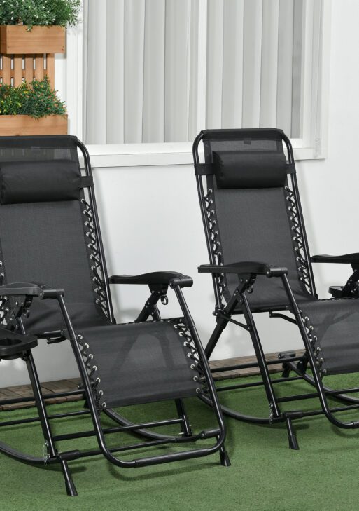 2 Outdoor Rocking Chairs Foldable Reclining Zero Gravity Lounge Rockers w/ Pillow Cup & Phone Holder, Black