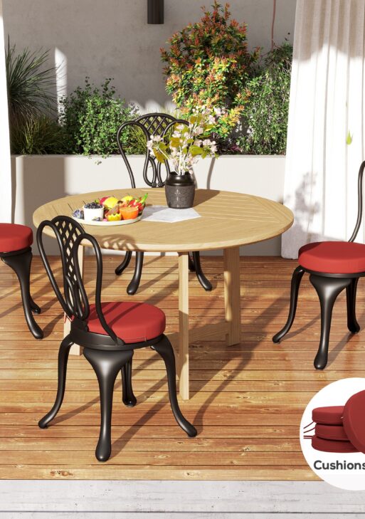 Patio Chair Cushions Set of 4 Round Seat Cushions for Dining Bistro Chairs Machine Washable, 15" x 15" x 3", Wine Red