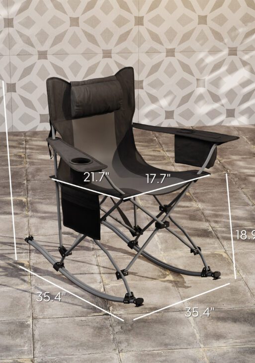 Folding Rocking Camping Chairs, Portable Chairs with Headrest, Cooler Bag, Cup Holder, Carry Bag, 2 Pack, Black