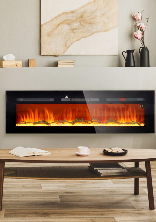 60" Recessed or Wall Mounted Electric Fireplace Heater with Remote Control, Adjustable Flame Color and Brightness