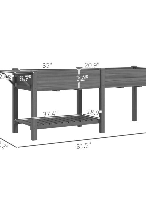 Wood Raised Garden Box, Elevated Garden Bed with Side Table, Bottom Shelf, Bed Liners and Drainage Holes, Gray