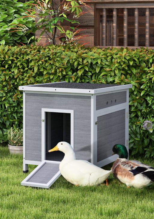 Wooden Duck Coop with Openable Roof, Removable Floor, Double Doors, Ramp, for 2-4 Ducks, Chickens, 25" x 32" x 30"