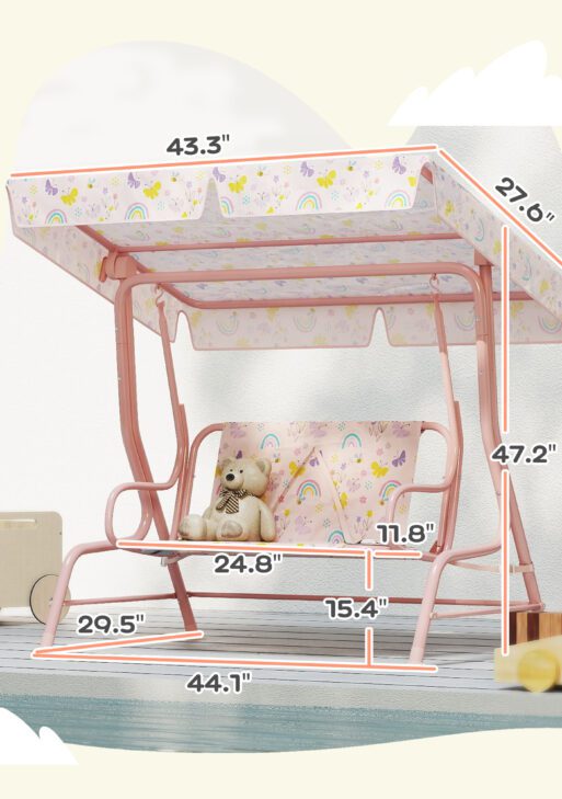 Kids Patio Swing Chair with Adjustable Canopy, Safety Belt for Patio, Garden, Poolside, Balcony, Pink