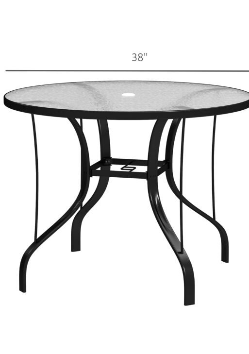 38" Round Patio Table with Umbrella Hole, Tempered Glass Outdoor Dining Table, Black