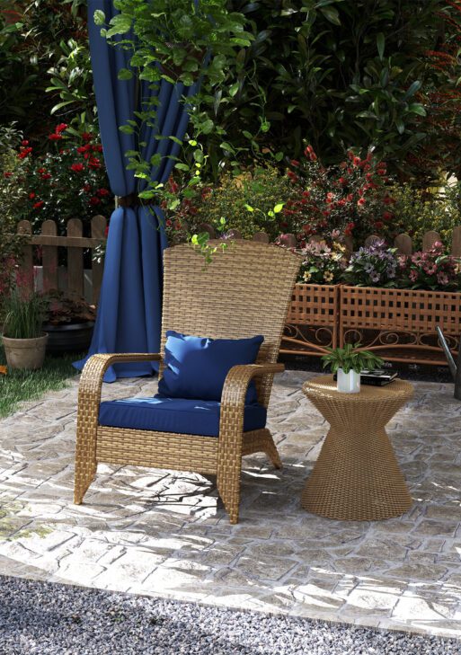 Patio Adirondack Chair with Rattan Wicker, Soft Cushions, Tall Curved Backrest for Deck or Garden, Dark Blue