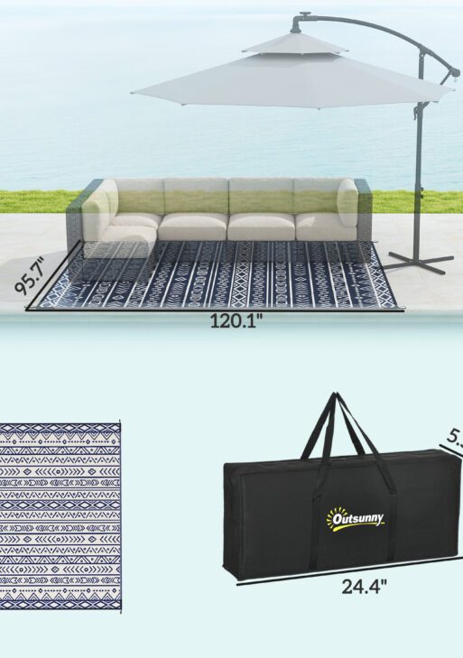 Reversible Outdoor Rug, Waterproof Plastic Straw with Carry Bag, 8' x 10', Blue & White Geometric