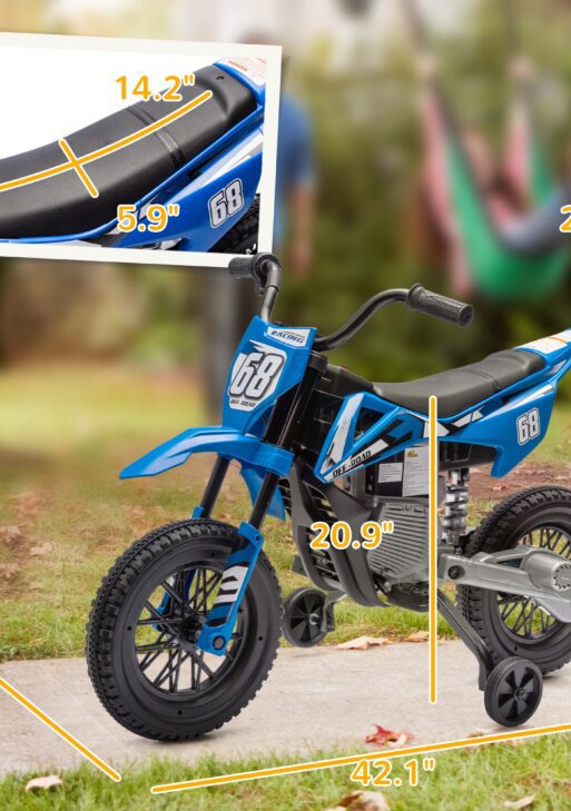12V Kids Electric Motorcycle w/ Twist Grip Throttle, Training Wheels, Rear Suspension & Music, Blue