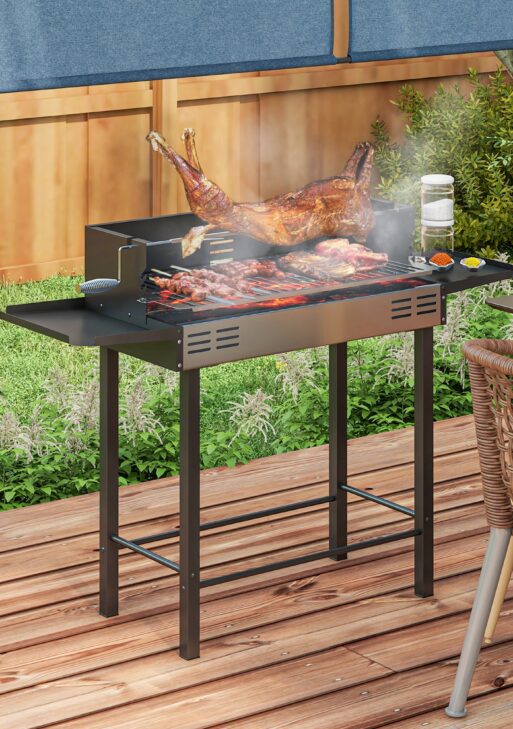BBQ Rotisserie Grill Charcoal, Split Roaster for Chicken Turkey, 3-Level Grill Grate, Storage Shelves, Stainless Steel