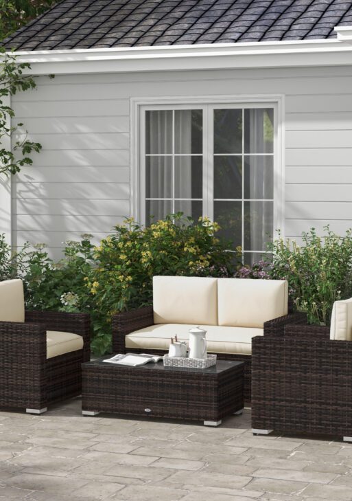 4 Pieces Rattan Sofa Set Wicker Patio Sofa Set with Loveseat Chairs Glass Top Coffee Table for Garden Outdoor Khaki