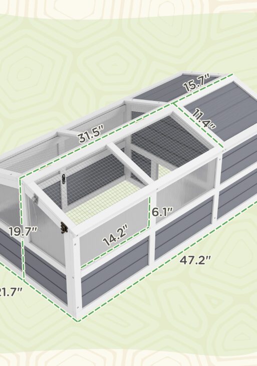 Wooden Tortoise Habitat Outdoor w/ Bottomless Design, Doors, PC Sun Panel Windows, for Small Animals, Rabbit, Light Gray