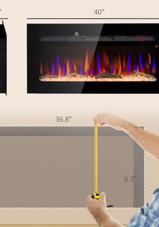 40" Recessed or Wall Mounted Electric Fireplace Heater with Remote Control, Adjustable Flame Color and Brightness