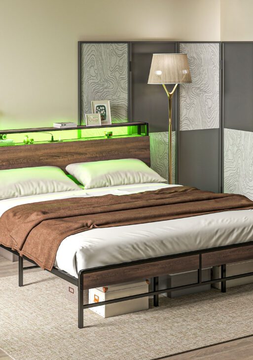 King Size Bed Frame with LED Lights and Charging Station, King Bed Frame with Storage Headboard, Noise-Free, Walnut
