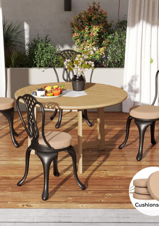 Patio Chair Cushions Set of 4 Round Seat Cushions for Dining Bistro Chairs Machine Washable, 15" x 15" x 3", Khaki