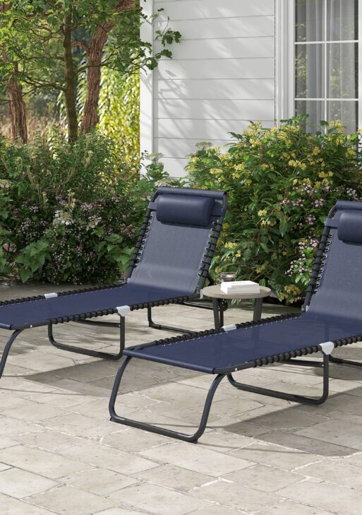 2 Folding Chaise Lounge Pool Chairs with 4-Position Reclining Back, Pillow, Breathable Mesh & Bungee Seat, Dark Blue