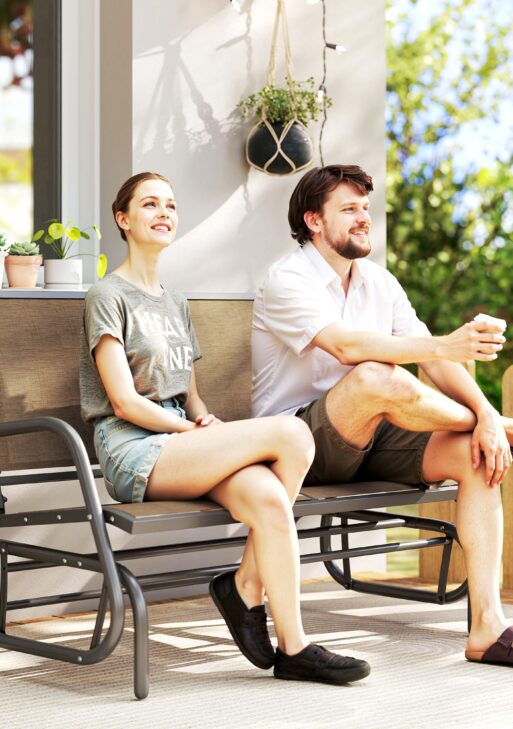 2-Person Outdoor Glider Bench, Patio Double Swing Rocking Chair Loveseat with Steel Frame, Light Mixed Brown