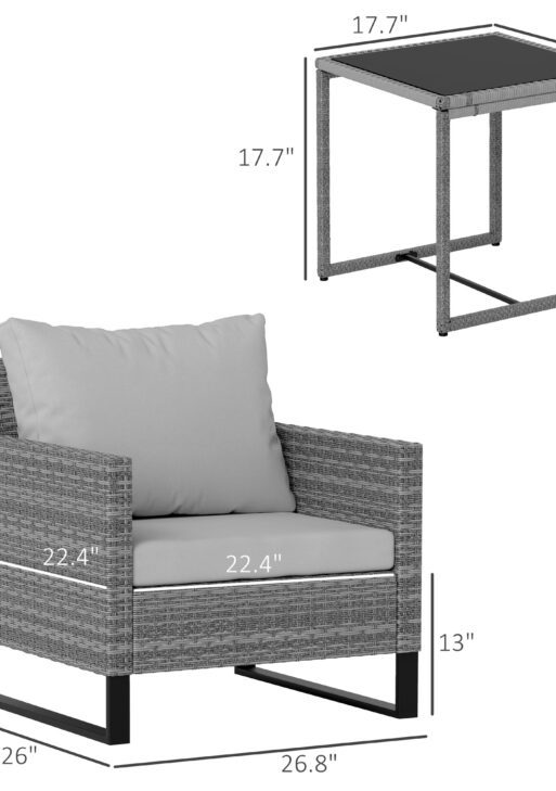 3PCS Patio Set, Wicker Bistro Set with Cushions, Rattan Chairs, Glass Coffee Table for Backyard, Porch, Balcony, Gray