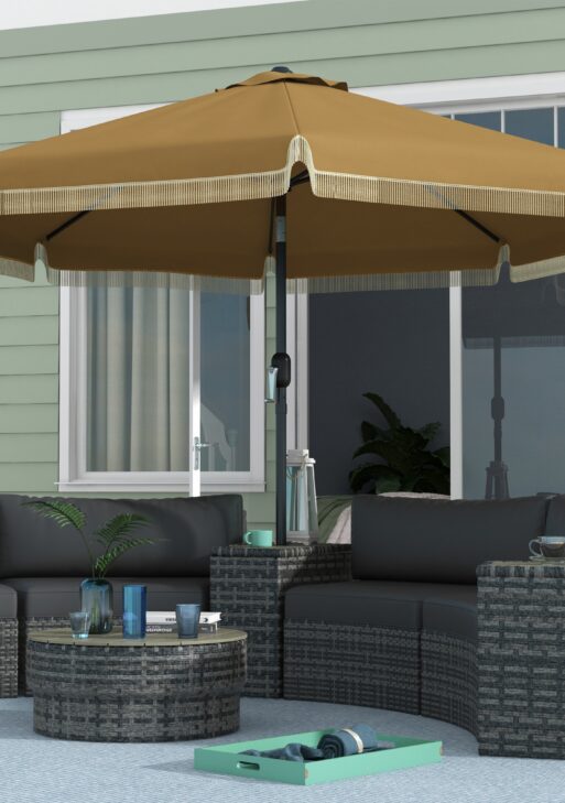 9' Patio Umbrella with Tilt, Ruffled Outdoor Umbrella, Tan