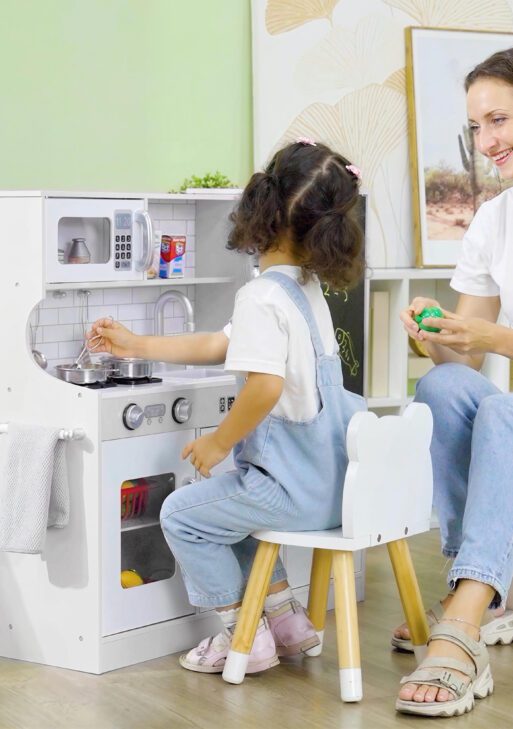 Pretend Play Kitchen, Kids Kitchen Playset with Play Phone, Chalkboard, Towel Rack & Ice Maker for 3-8 Years White