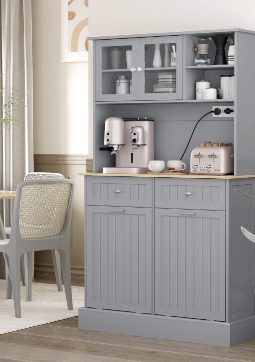 Kitchen Cabinet with Charging Station, 2 Tilt Out Cabinets, Microwave Stand, Freestanding Kitchen Pantry Cabinet, Gray