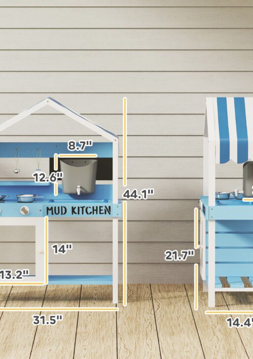 Wooden Mud Kitchen for Kids Outdoor with Sink, Faucet, Water Tank, Storage Shelves, Accessories for Boys and Girls, Blue