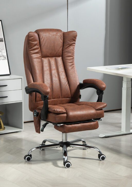 Massage Office Chair with 6 Points and Heat, Reclining Computer Chair with Adjustable Height and Footrest, Brown
