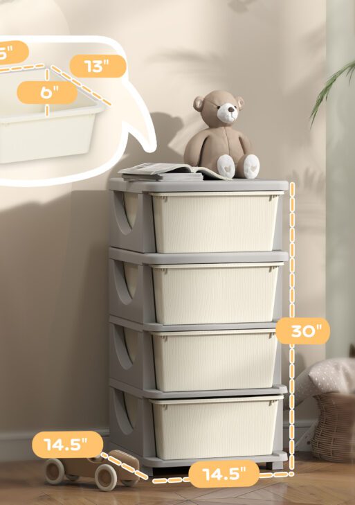 30" 4 Tier Kids Storage Unit Dresser Tower w/ 4 Drawers, Cream White