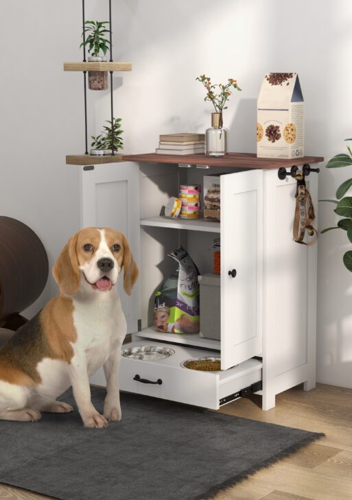 Pet Feeding Station, Dog Food Storage Cabinet w/ Raised Dog Bowls, Adjustable Panel, Hooks for Medium Dogs, White